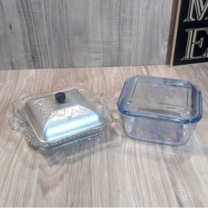 VTG Farberware Glass Refrigerator Dish Butter Dish Aluminum Engraved Lid